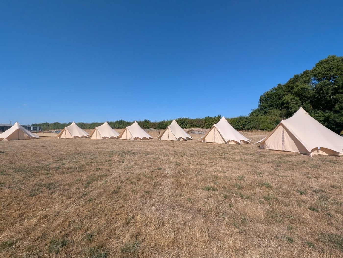 Row of cream bell tents set up for a private party near Marlborough, Wiltshire