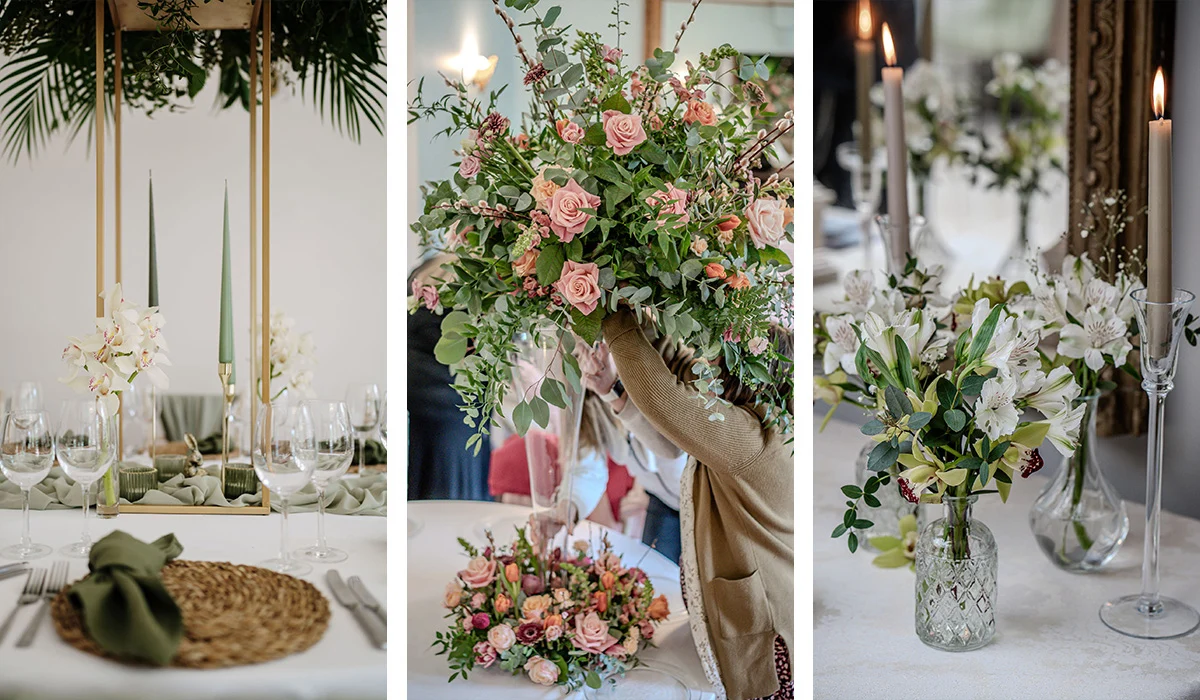 Wedding flowers and table styling shown by Montigo at Charlton House